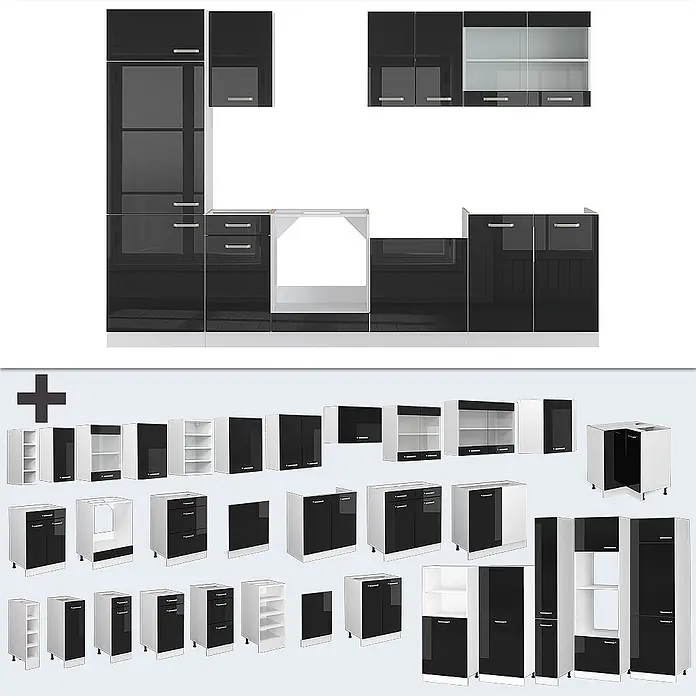 Vicco Küchenzeile R-Line Schwarz Hochglanz/Weiß, AP Eiche - Breite: 300 cm, Schwarz Hochglanz, Ohne Elektrogeräte - Modulares Küchenschrank-Set mit schwarzen Hochglanzfronten und weißen Rahmen, montiert und als Einzelmodule zur Anpassung gezeigt.