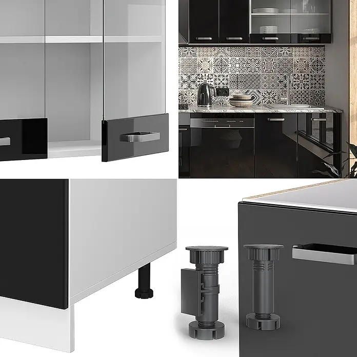 Vicco Küchenzeile R-Line Schwarz Hochglanz/Weiß, AP Eiche - Breite: 300 cm, Schwarz Hochglanz, Ohne Elektrogeräte - Modulare Küchenschränke in Schwarz und Weiß mit Glastüren und verstellbaren Füßen.