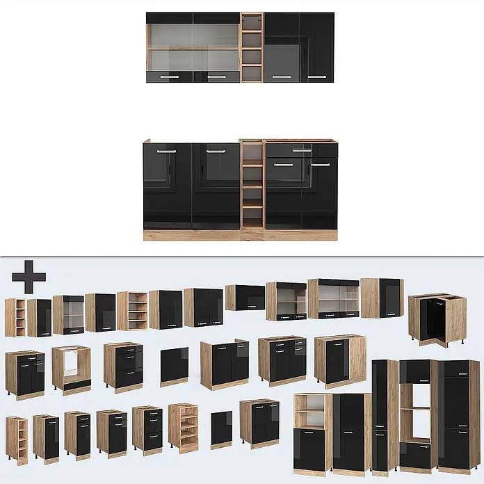 Vicco Singleküche R-Line Schwarz Hochglanz/Goldkraft Eiche, AP Marmor - Breite: 160 cm, Schwarz Hochglanz, Mit AP Marmor - Modulare Küchenschränke mit schwarzen Hochglanzfronten und hellen Holzimitatkorpussen.