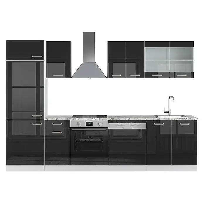 Vicco Küchenzeile R-Line Schwarz Hochglanz/Weiß, AP Marmor - Breite: 300 cm, Schwarz Hochglanz, Ohne Elektrogeräte - Schwarze Hochglanz-Modulküche mit silbernen Griffen, Marmor-Arbeitsplatte, Edelstahl-Dunstabzugshaube, Backofen, Geschirrspüler und Spüle.