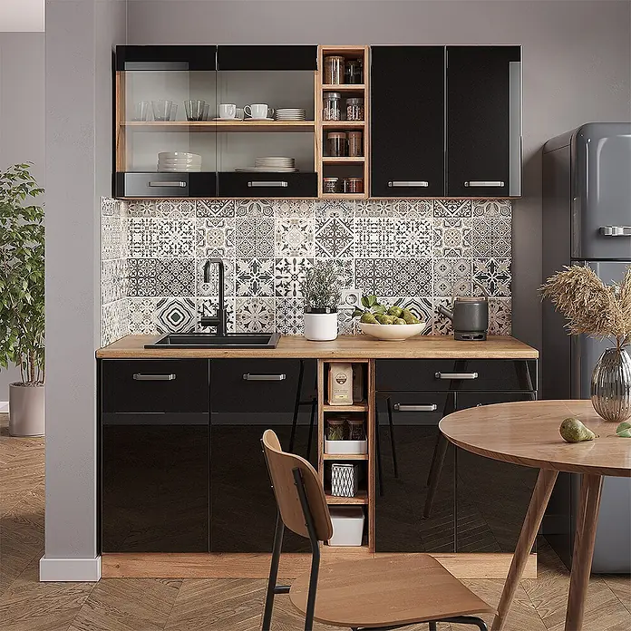 Vicco Singleküche R-Line Schwarz Hochglanz/Goldkraft Eiche, AP Marmor - Breite: 160 cm, Schwarz Hochglanz, Mit AP Marmor - Moderne Modulküche mit schwarzen Hochglanzschränken, Holzarbeitsplatten und gemusterter Rückwand, inkl. Spüle und offenen Regalen.