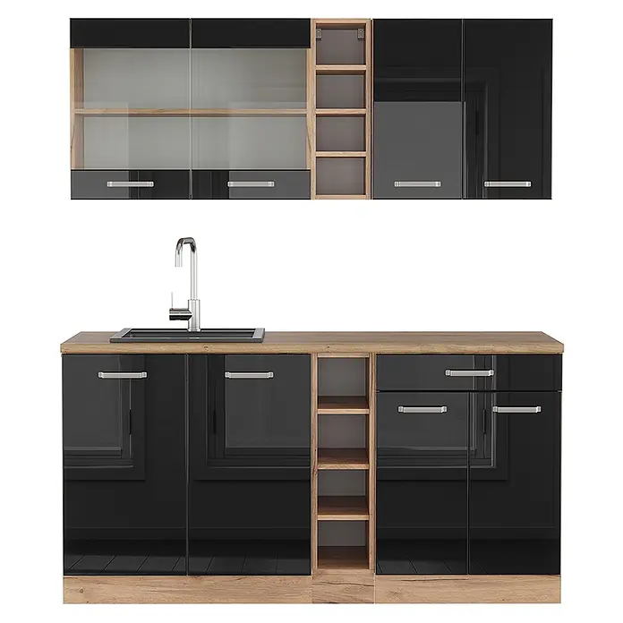Vicco Singleküche R-Line Schwarz Hochglanz/Goldkraft Eiche ohne Arbeitsplatte - Breite: 160 cm, Schwarz Hochglanz, Ohne AP - Moderne Küchenzeile mit hochglänzenden schwarzen Schränken, Eichenoptik-Arbeitsplatten und Regalen, inkl. Spüle.