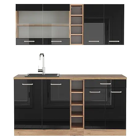 Vicco  Singleküche R-Line Schwarz Hochglanz/Goldkraft Eiche ohne Arbeitsplatte