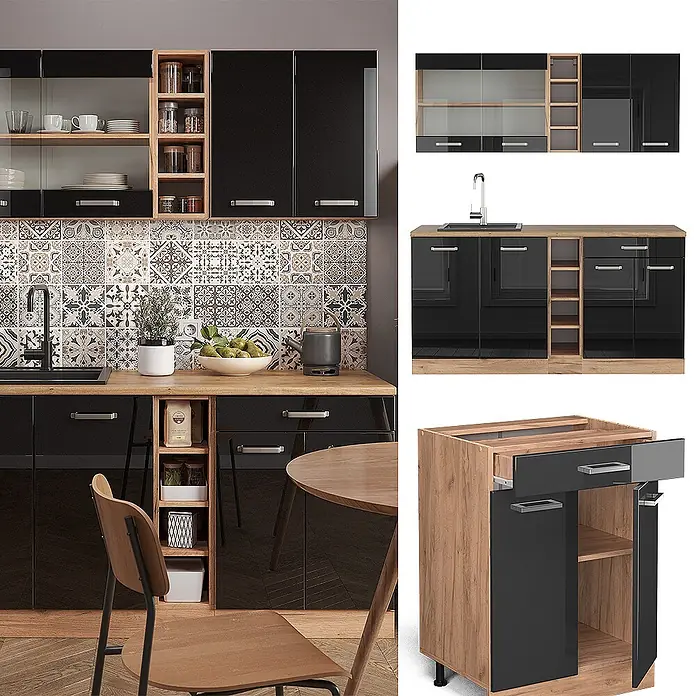 Vicco Singleküche R-Line Schwarz Hochglanz/Goldkraft Eiche, AP Marmor - Breite: 160 cm, Schwarz Hochglanz, Mit AP Marmor - Moderne modulare Küchenschränke mit schwarzen Hochglanzfronten und Holzdekor, zeigen montierte Einheiten und einzelne Module.