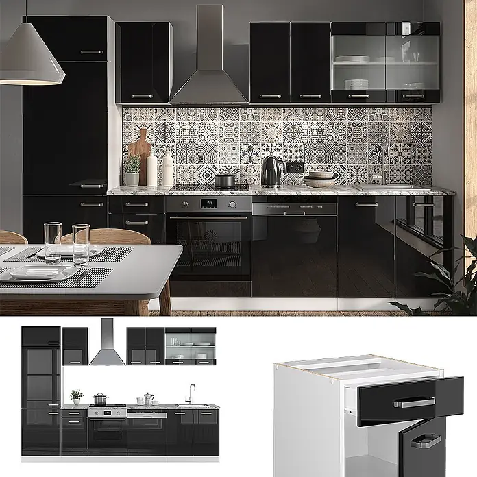 Vicco Küchenzeile R-Line Schwarz Hochglanz/Weiß, AP Eiche - Breite: 300 cm, Schwarz Hochglanz, Ohne Elektrogeräte - Elegante schwarze Hochglanzküche mit integrierten Geräten, modernes und funktionales Design.