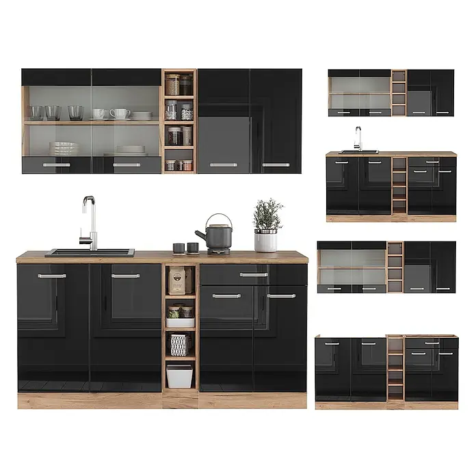 Vicco Singleküche R-Line Schwarz Hochglanz/Goldkraft Eiche, AP Marmor - Breite: 160 cm, Schwarz Hochglanz, Mit AP Marmor - Modulare Küchenzeile mit glänzend schwarzen Schränken, hellen Holztheken und offenen Regalen, inklusive Unterschränken und Hängeschränken.