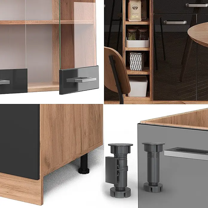 Vicco Singleküche R-Line Schwarz Hochglanz/Goldkraft Eiche, AP Marmor - Breite: 160 cm, Schwarz Hochglanz, Mit AP Marmor - Modulare Möbeldetails: Holzschränke mit dunkelgrauen Akzenten, Glasschiebetüren und verstellbaren Füßen.