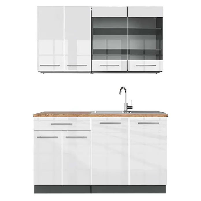 Vicco Singleküche Fame-Line, Weiß Hochglanz/Anthrazit, 140 cm -  - Weißes Hochglanz-Küchenset mit Arbeitsplatte in Holzoptik, Spüle und Chromarmatur.
