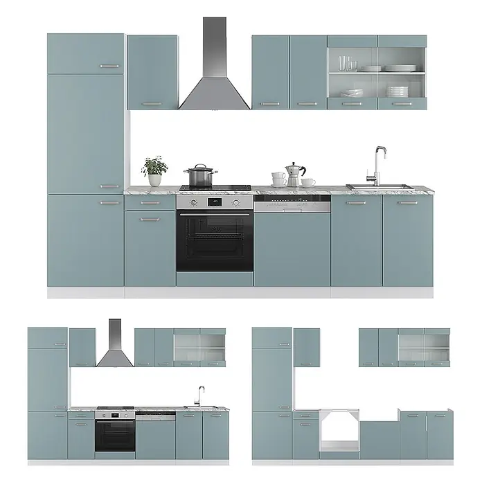 Vicco Küchenzeile R-Line, Blau-Grau/Weiß, 300 cm -  - Modulare hellblaue Küchenschrank-Garnitur mit integrierten Geräten.