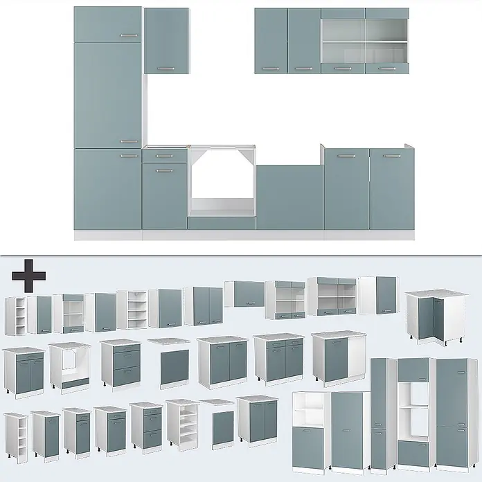 Vicco Küchenzeile R-Line, Blau-Grau/Weiß, 300 cm -  - Moderne modulare Küchenmöbel in Hellblau-Grau und Weiß mit silbernen Griffen.