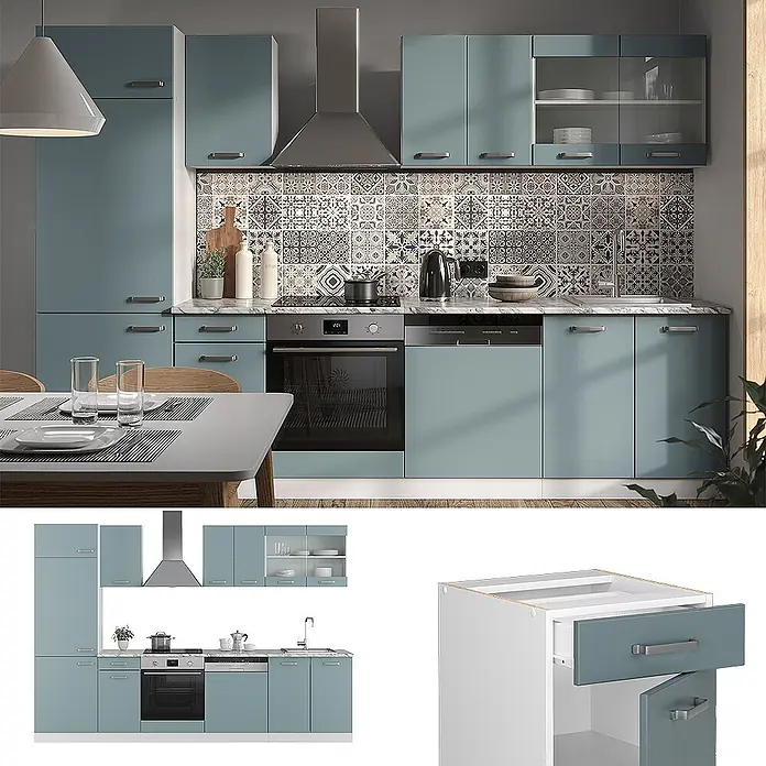 Vicco Küchenzeile R-Line, Blau-Grau/Weiß, 300 cm -  - Moderne modulare Küche mit blaugrünen Schränken, integrierten Geräten, Arbeitsplatte in Marmoroptik und gemusterter Rückwand.