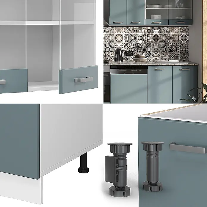 Vicco Küchenzeile R-Line, Blau-Grau/Weiß, 300 cm -  - Moderne türkisfarbene Küchenschränke mit Glasfronten, silbernen Griffen und verstellbaren Füßen für eine stilvolle, funktionale Küche.