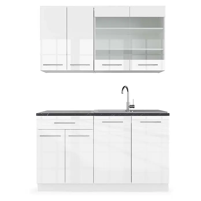 Vicco Singleküche Fame-Line Weiß Hochglanz/Weiß, AP Anthrazit - Breite: 140 cm, Weiß Hochglanz, Mit AP Anthrazit - Weiße Hochglanz-Küchenzeile mit Hängeschränken (teilweise Glastüren) und Unterschränken mit Spüle.