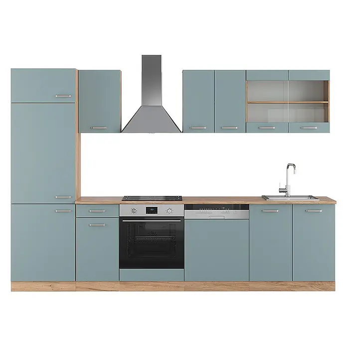 Vicco Küchenzeile R-Line Blau-Grau/Goldkraft Eiche ohne Arbeitsplatte - Blau-Grau, Ohne Elektrogeräte - Moderne hellblaue Küchenzeile mit Holz-Arbeitsplatten, integriertem Kochfeld, Backofen, Geschirrspüler, Spüle und Dunstabzugshaube.