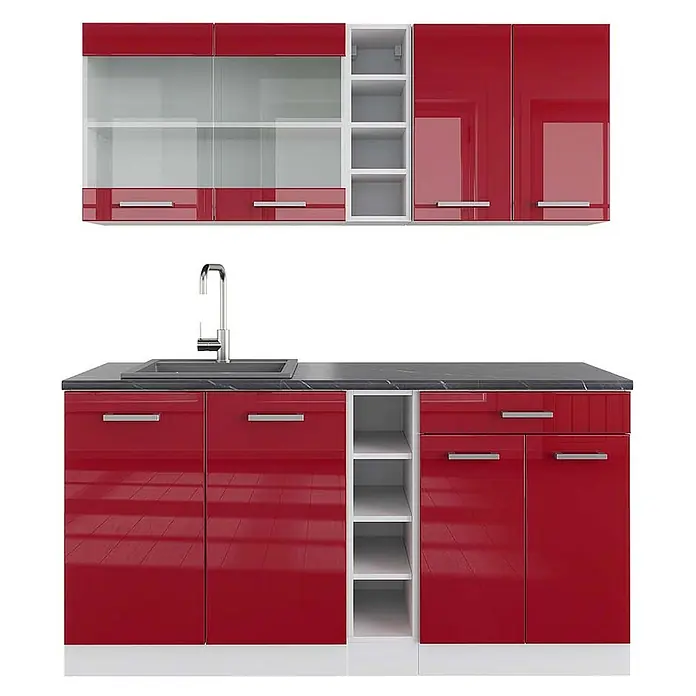 Vicco Singleküche R-Line Rot Hochglanz/Weiß, AP Anthrazit - Breite: 160 cm, Rot Hochglanz, Mit AP Anthrazit - Glänzende rote Küche mit schwarzer Arbeitsplatte, Spüle, Armatur, weißen offenen Regalen und oberen Glasvitrinen.