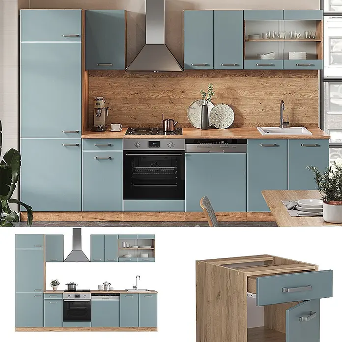 Vicco Küchenzeile R-Line Blau-Grau/Goldkraft Eiche ohne Arbeitsplatte - Blau-Grau, Ohne Elektrogeräte - Komplette Küchenzeile mit hellblauen Schränken, Arbeitsplatten in Holzoptik und integrierten Geräten.