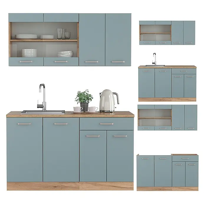 Vicco Singleküche R-Line Blau-Grau/Goldkraft Eiche, AP Anthrazit - Blau-Grau, Mit AP Anthrazit - Modulare Küche mit hellblauen Schränken, hellen Holzplatten und Sockeln. Enthält Ober- und Unterschränke, teilweise mit Glastüren.