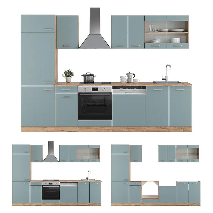 Vicco Küchenzeile R-Line Blau-Grau/Goldkraft Eiche ohne Arbeitsplatte - Blau-Grau, Ohne Elektrogeräte - Modulküche mit hellblau-grünen Schränken, Holz-Arbeitsplatte, Backofen, Kochfeld, Spüle und Geschirrspüler. Inkl. Hoch-, Unter- und Glaswandschränken.