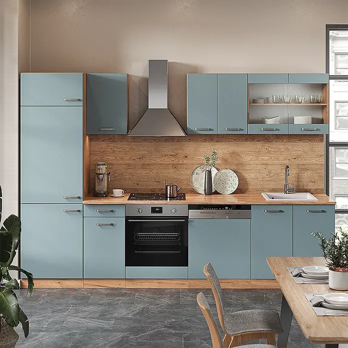 Vicco Küchenzeile R-Line Blau-Grau/Goldkraft Eiche ohne Arbeitsplatte - Blau-Grau, Ohne Elektrogeräte - Hellblaue Küchenschränke mit Holz-Arbeitsplatte und Rückwand, integrierten Geräten und Vitrinen.