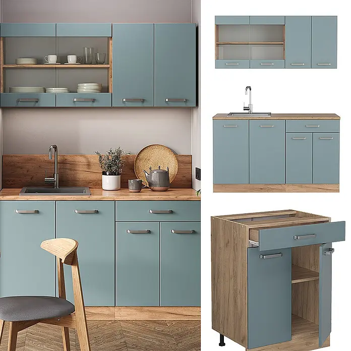 Vicco Singleküche R-Line Blau-Grau/Goldkraft Eiche, AP Anthrazit - Blau-Grau, Mit AP Anthrazit - Moderne blau-grüne Küchenschrank-Garnitur mit Holzakzenten und Arbeitsplatten, mit Oberschränken (teils mit Glastüren) und Unterschränken mit Spüle.
