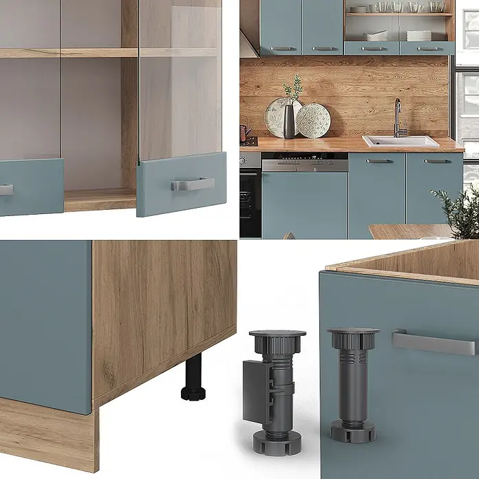 Vicco Küchenzeile R-Line Blau-Grau/Goldkraft Eiche ohne Arbeitsplatte - Blau-Grau, Ohne Elektrogeräte - Modulare Küchenschränke in Blau-Grau und Holz, mit Glastüren, silbernen Griffen und verstellbaren Füßen.