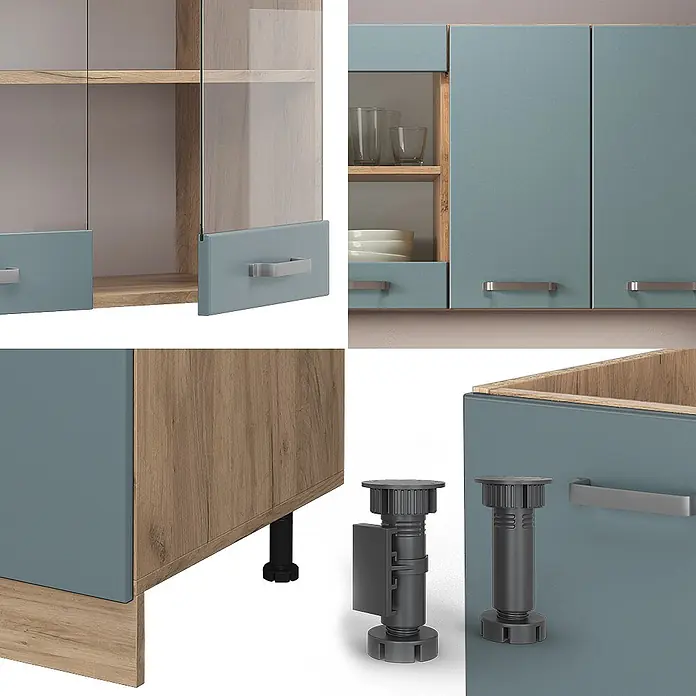 Vicco Singleküche R-Line Blau-Grau/Goldkraft Eiche, AP Anthrazit - Blau-Grau, Mit AP Anthrazit - Modulare Küchen-/Möbelschränke in Türkis und Holzoptik, mit Glastüren, Schubladen, Griffen und verstellbaren Füßen.