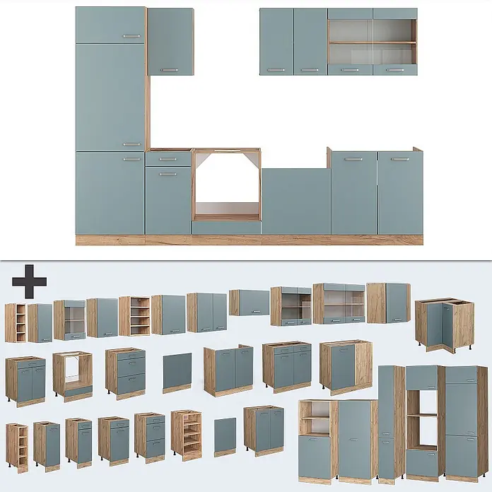 Vicco Küchenzeile R-Line Blau-Grau/Goldkraft Eiche ohne Arbeitsplatte - Blau-Grau, Ohne Elektrogeräte - Modulares Küchenschranksystem in Hellblau und Holztönen, mit verschiedenen Unter-, Ober- und Hochschränken.
