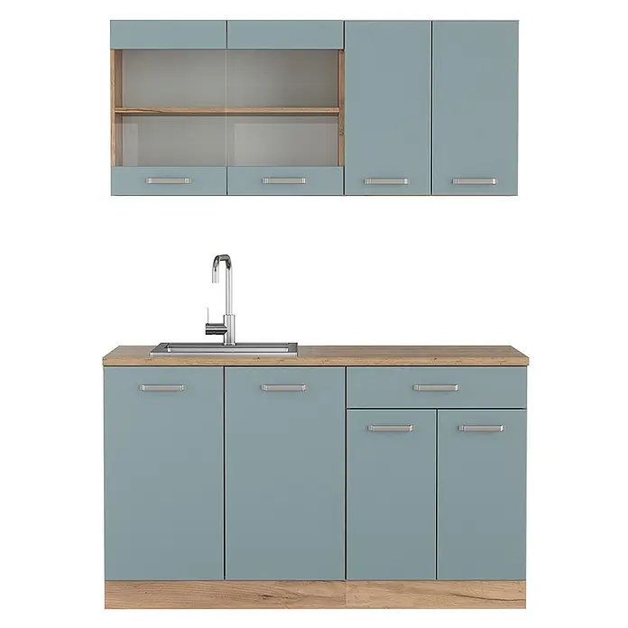 Vicco Singleküche R-Line Blau-Grau/Goldkraft Eiche ohne Arbeitsplatte - Blau-Grau, Ohne AP - Hellblaue Küchenzeile mit Holzelementen, Spüle und Hängeschränken, teilweise mit Glasfronten.