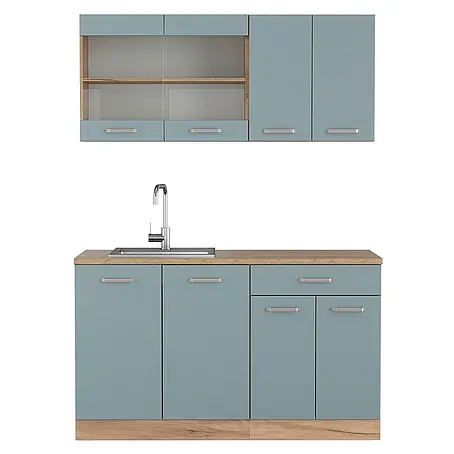 Vicco  Singleküche R-Line Blau-Grau/Goldkraft Eiche ohne Arbeitsplatte
