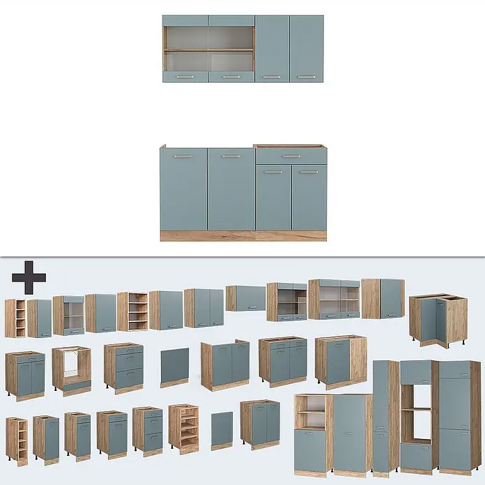 Vicco Singleküche R-Line Blau-Grau/Goldkraft Eiche, AP Anthrazit - Blau-Grau, Mit AP Anthrazit - Modulares Küchenschranksystem mit hellblauen Türen und Holzoptik-Rahmen. Enthält diverse Unter-, Ober- und Hochschränke, teils mit Glastüren.
