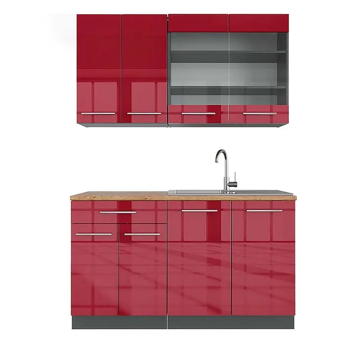 Vicco Singleküche Fame-Line Bordeaux Hochglanz/Anthrazit, AP Eiche - Breite: 140 cm, Bordeaux Hochglanz, Mit AP Eiche - Rote Hochglanz-Küchenzeile mit Holzplatte, Spüle und Glasoberschränken.