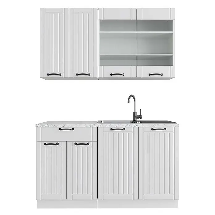 Vicco Singleküche Fame-Line Weiß Landhaus/Weiß, AP Marmor - Weiß Landhaus, Mit AP Marmor - Weißes Küchenschrank-Set mit Paneeltüren, schwarzen Griffen und einer Arbeitsplatte in Marmoroptik mit Spüle.