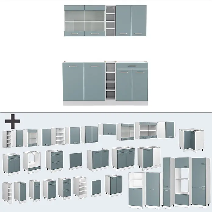 Vicco Singleküche R-Line, Blau-Grau, 160 cm -  - Modulare Küchenschränke in Petrolblau und Weiß, mit verschiedenen Unter- und Oberschränken für individuelle Konfigurationen.