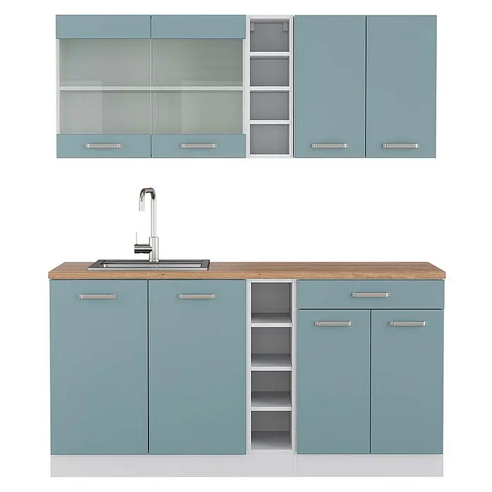Vicco Singleküche R-Line, Blau-Grau/Weiß, 160 cm -  - Moderne blau-grüne Küchenschränke mit Holzoptik-Arbeitsplatte, integrierter Spüle und offenen weißen Regalen für vielseitigen Stauraum.