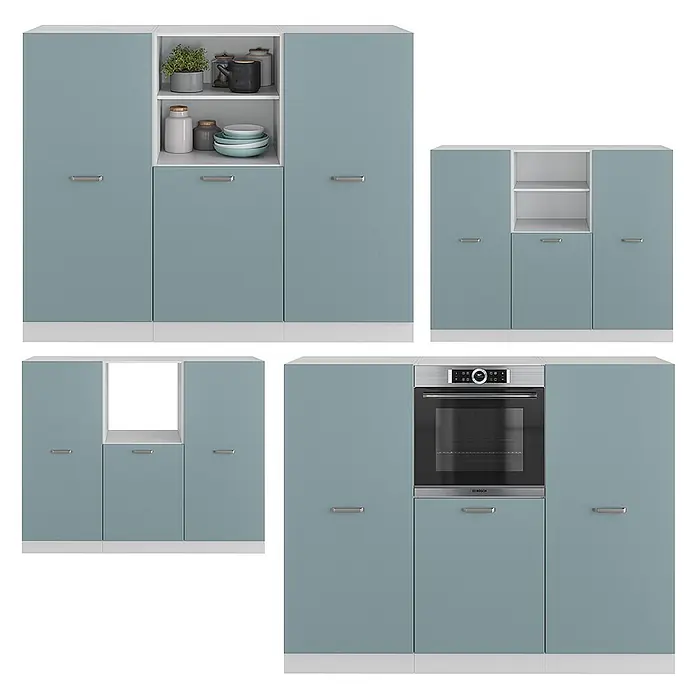 Vicco Küchenleerblock R-Line Blau-Grau/Weiß ohne Arbeitsplatte - Blau-Grau - Modulare Küchenschränke in Pastellblau-Grün und Weiß. Mit offenen Regalen, geschlossenen Türen und Backofenmodul.