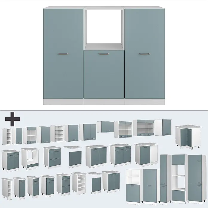 Vicco Küchenleerblock R-Line Blau-Grau/Weiß ohne Arbeitsplatte - Blau-Grau - Modulares Küchenschranksystem in Blau-Grau mit weißen Rahmen, zeigt Unter-, Ober- und Hochschrankoptionen.