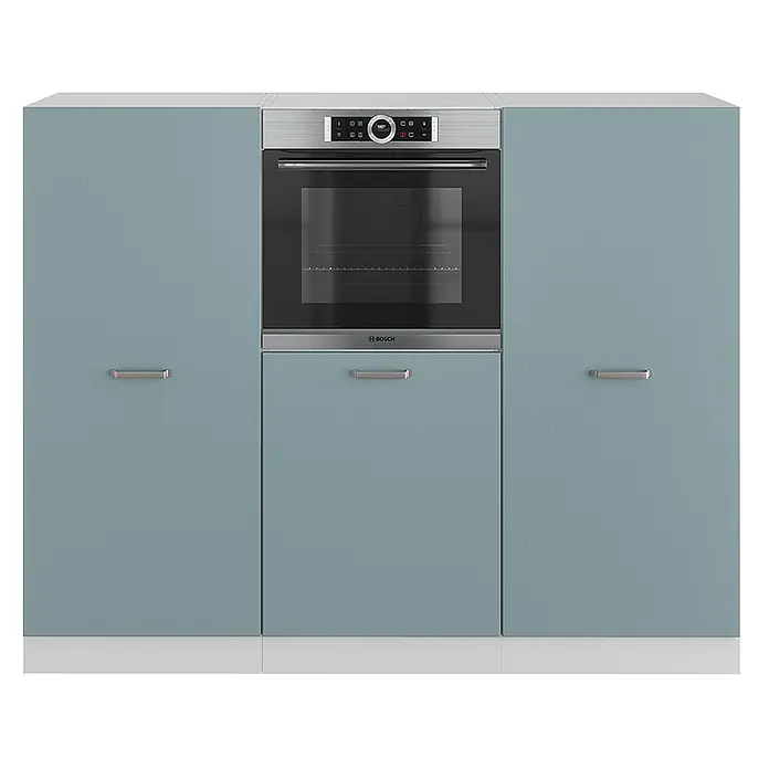Vicco Küchenleerblock R-Line Blau-Grau/Weiß ohne Arbeitsplatte - Breite: 180 cm, Blau-Grau - Bosch Einbaubackofen aus Edelstahl und schwarzem Glas, integriert in hellblau-graue Küchenschränke.