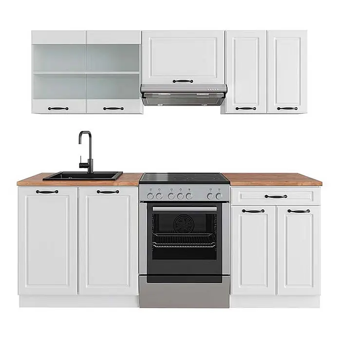 Vicco Küchenzeile R-Line, Weiß Landhaus/Weiß, 200 cm -  - Weißer Modulküchenschrank mit Holztheke, schwarzem Spülbecken und integriertem Elektroherd/Ofen, inklusive Wand- und Unterschränken.