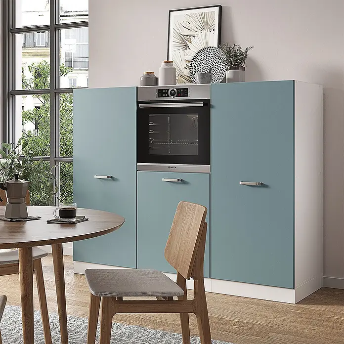 Vicco Küchenleerblock R-Line Blau-Grau/Weiß ohne Arbeitsplatte - Blau-Grau - Moderner blau-grüner Küchenschrank mit integriertem Backofen und weißen Seiten.