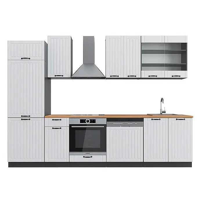 Vicco Küchenzeile Fame-Line Weiß Landhaus/Anthrazit, AP Eiche - Breite: 300 cm, Weiß Landhaus, Ohne Elektrogeräte - Weiße Küchenzeile mit Holzplatte, schwarzen Griffen, integriertem Backofen, Geschirrspüler und Spüle. Inklusive Hochschränken und Wandschränken.