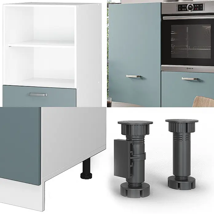 Vicco Küchenleerblock R-Line Blau-Grau/Weiß ohne Arbeitsplatte - Blau-Grau - Modulares Küchenschranksystem in Weiß und Graublau mit Metallgriffen und schwarzen verstellbaren Kunststoffmöbelfüßen.
