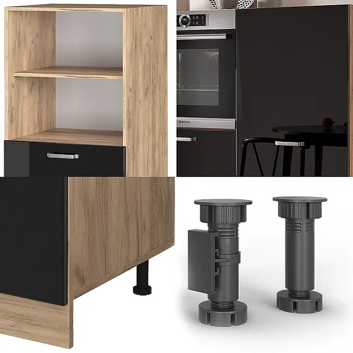 Vicco Küchenleerblock R-Line Schwarz Hochglanz/Goldkraft Eiche ohne Arbeitsplatte - Schwarz Hochglanz - Modulare Küchenschränke in Holzoptik und Schwarz, mit integrierten Geräten, offenen Regalen und verstellbaren Füßen.
