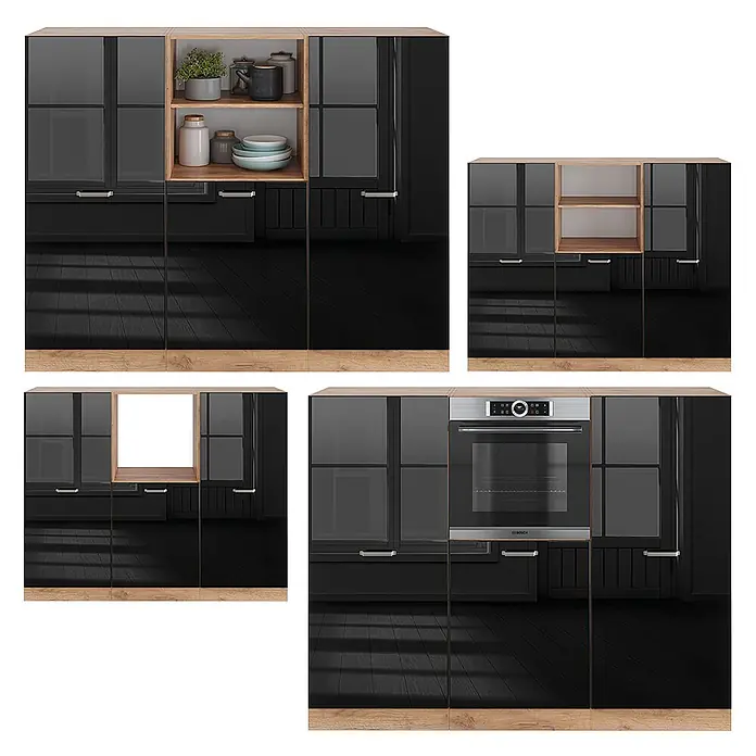 Vicco Küchenleerblock R-Line Schwarz Hochglanz/Goldkraft Eiche ohne Arbeitsplatte - Schwarz Hochglanz - Modulare Küchenschränke mit glänzend schwarzen Türen, Rauchglas, hellen Holzakzenten und integriertem Ofen. Bietet vielseitige Stauraum- und Geräte-Lösungen.