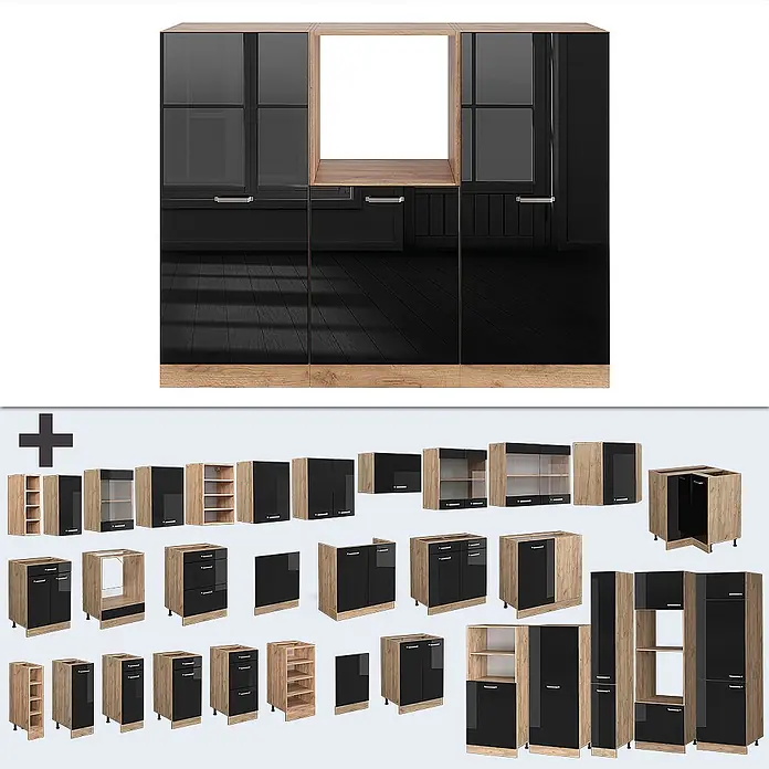 Vicco Küchenleerblock R-Line Schwarz Hochglanz/Goldkraft Eiche ohne Arbeitsplatte - Schwarz Hochglanz - Modulares Küchenschrank-Set mit schwarzen Hochglanzfronten und Korpus in Eichenoptik für vielseitigen Stauraum.