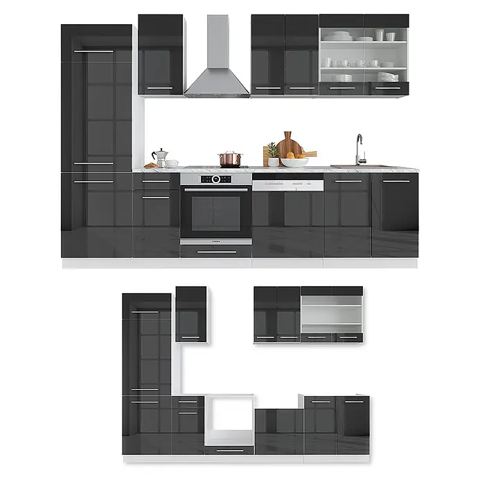 Vicco Küchenzeile Fame-Line, Anthrazit Hochglanz/Weiß, 300 cm -  - Modernes modulares Küchenset mit glänzenden dunkelgrauen Schränken, heller Arbeitsplatte und integrierten Edelstahlgeräten.