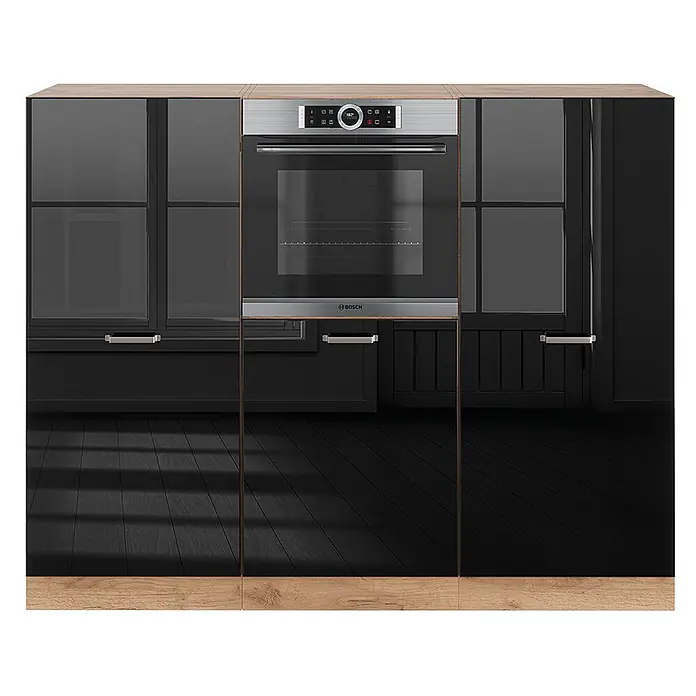 Vicco Küchenleerblock R-Line Schwarz Hochglanz/Goldkraft Eiche ohne Arbeitsplatte - Schwarz Hochglanz - Schwarze Hochglanz-Küchenzeile mit Holzdetails und integriertem Bosch Backofen aus Edelstahl.
