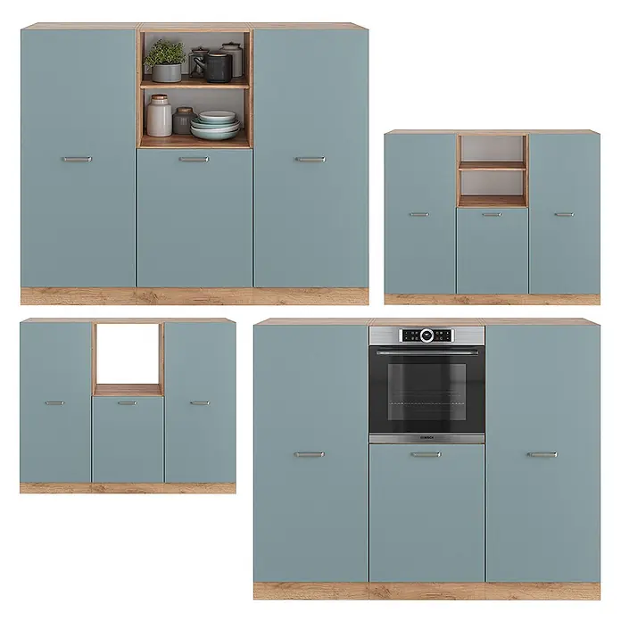 Vicco Küchenleerblock R-Line Blau-Grau/Goldkraft Eiche ohne Arbeitsplatte - Blau-Grau - Modulare Küchenschränke in Hellblau mit Holzdekor-Details, mit offenen Regalen, integriertem Backofen und geschlossenen Stauraumoptionen.