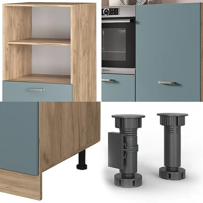 Vicco Küchenleerblock R-Line Blau-Grau/Goldkraft Eiche ohne Arbeitsplatte - Blau-Grau - Modulare Küchenmöbel in Holzoptik und Petrol, mit Ofenschrank und verstellbaren Füßen.