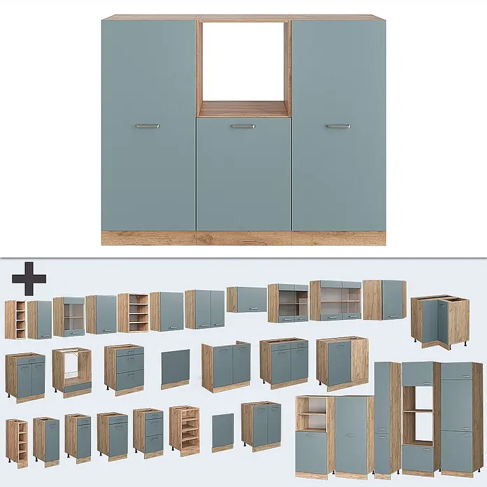 Vicco Küchenleerblock R-Line Blau-Grau/Goldkraft Eiche ohne Arbeitsplatte - Blau-Grau - Modulares Küchenschranksystem: hellblau-graue Türen, Holzdekorrahmen, diverse Stauraumeinheiten.