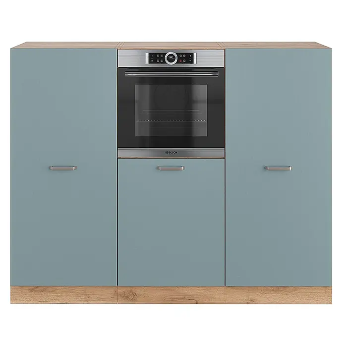 Vicco Küchenleerblock R-Line Blau-Grau/Goldkraft Eiche ohne Arbeitsplatte - Breite: 180 cm, Blau-Grau - Hellblaue Küchenschränke mit Holzdetails, inklusive eingebautem Bosch Backofen und Griffen.